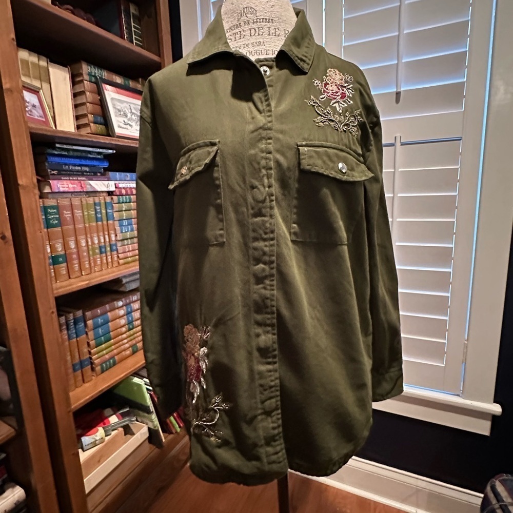 Blue Rain Dark Green Floral Embroidered Shirt